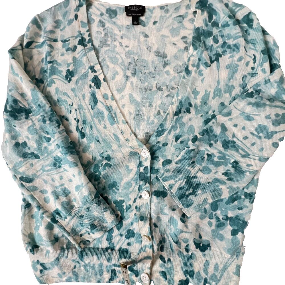 Talbots Cardigan Sweater M Teal Green Floral 100% Italian Merino Wool V-Neck